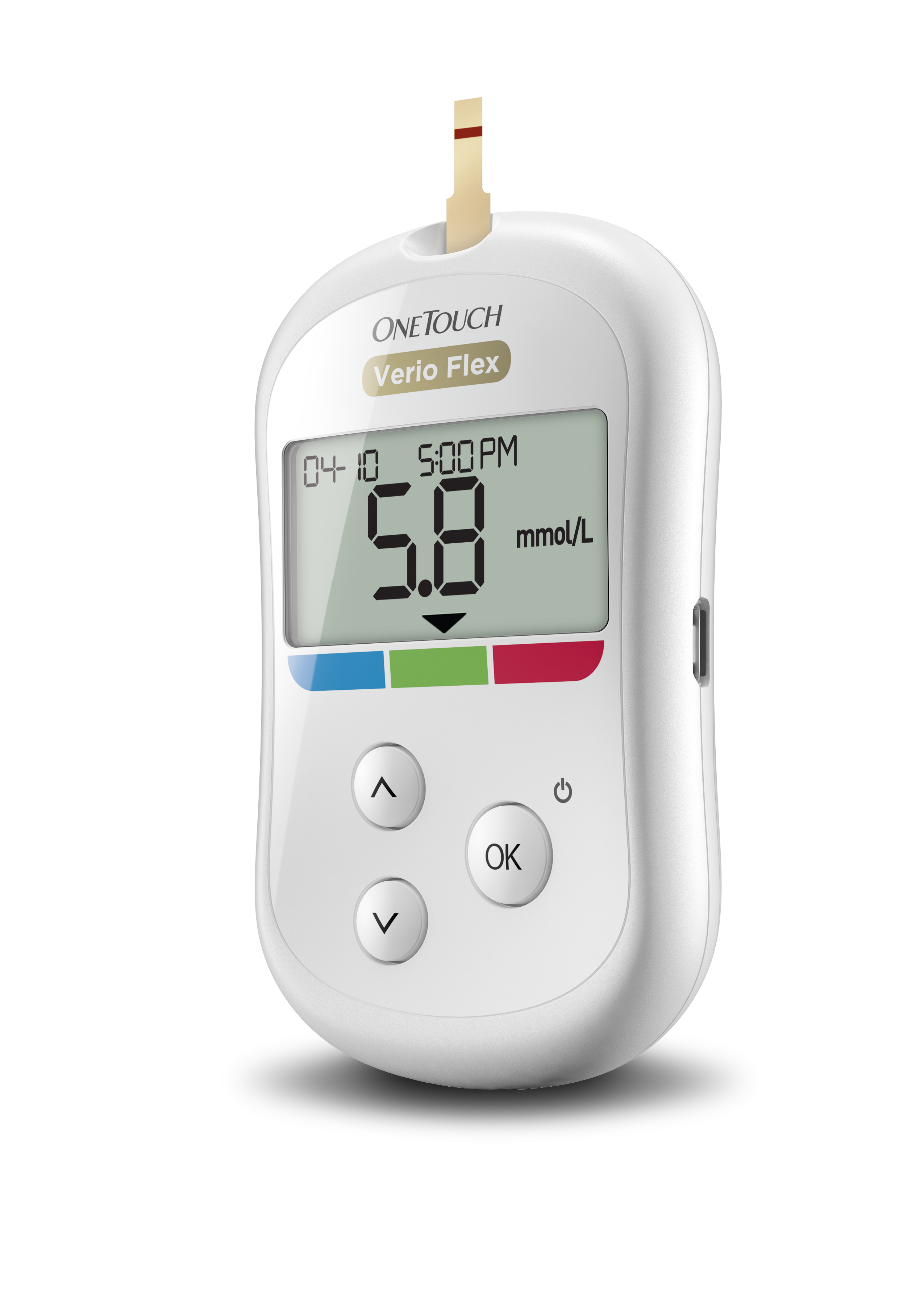 OneTouch Verio Flex® Blood Glucose Meter showing glucose in range