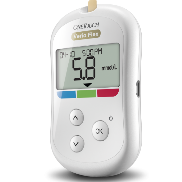 OneTouch Verio Flex® Blood Glucose Meter showing glucose in range