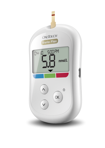 OneTouch Verio Flex® Blood Glucose Meter showing glucose in range